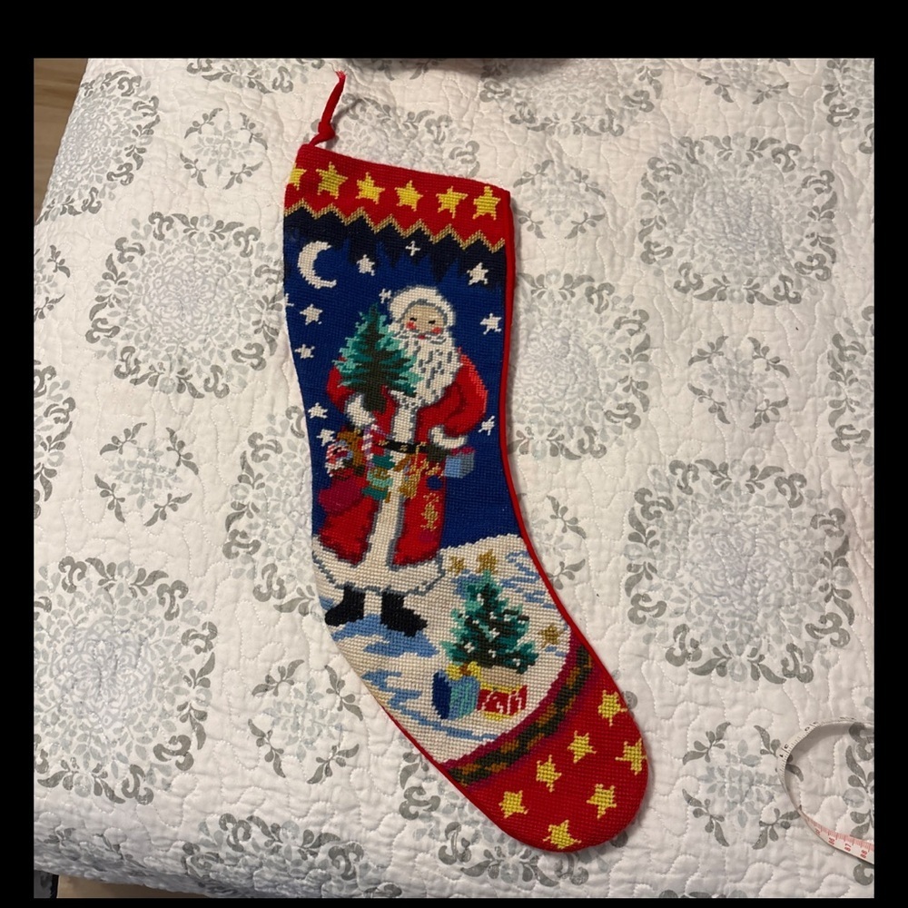 Vintage Needlepoint Wool Santa
Claus Christmas Stocking Velvet
Backing